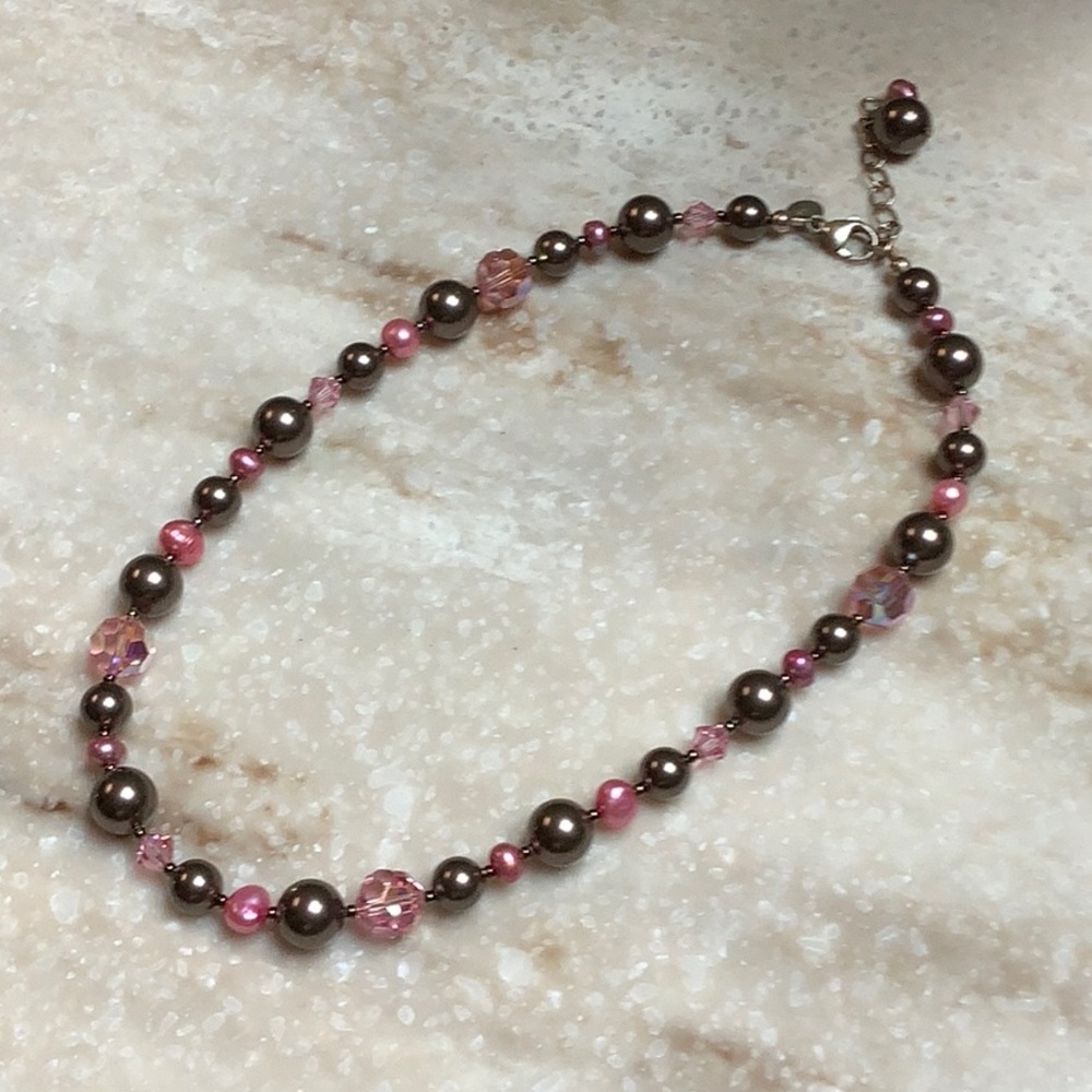 😍Emily Ray 925 Silver & Pink/Bronze Beaded Necklace😍NWOT